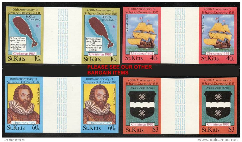 ST.KITTS 1985 CPTN DRAKE / CHRISTMAS Imperf=nonDENTELE  GUTTER PAIRS SC#173-76 MNH SHIPS PIRATES - Explorers