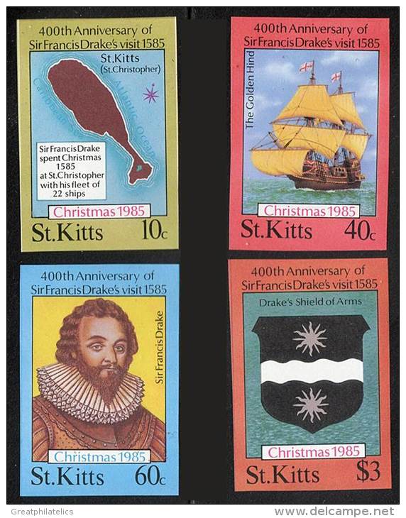 ST.KITTS 1985 CPTN DRAKE / CHRISTMAS Imperf=nonDENTELE SC#173-76 MNH SHIPS PIRATES - Christmas