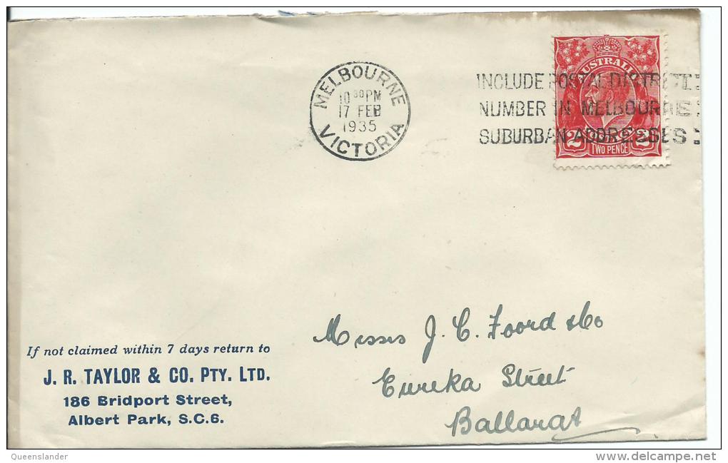 1935 Letter 2d Red King  Stamp On Cover J.R Taylor & Co Pty Ltd Letter Neat Hand Addressed Cover - Lettres & Documents