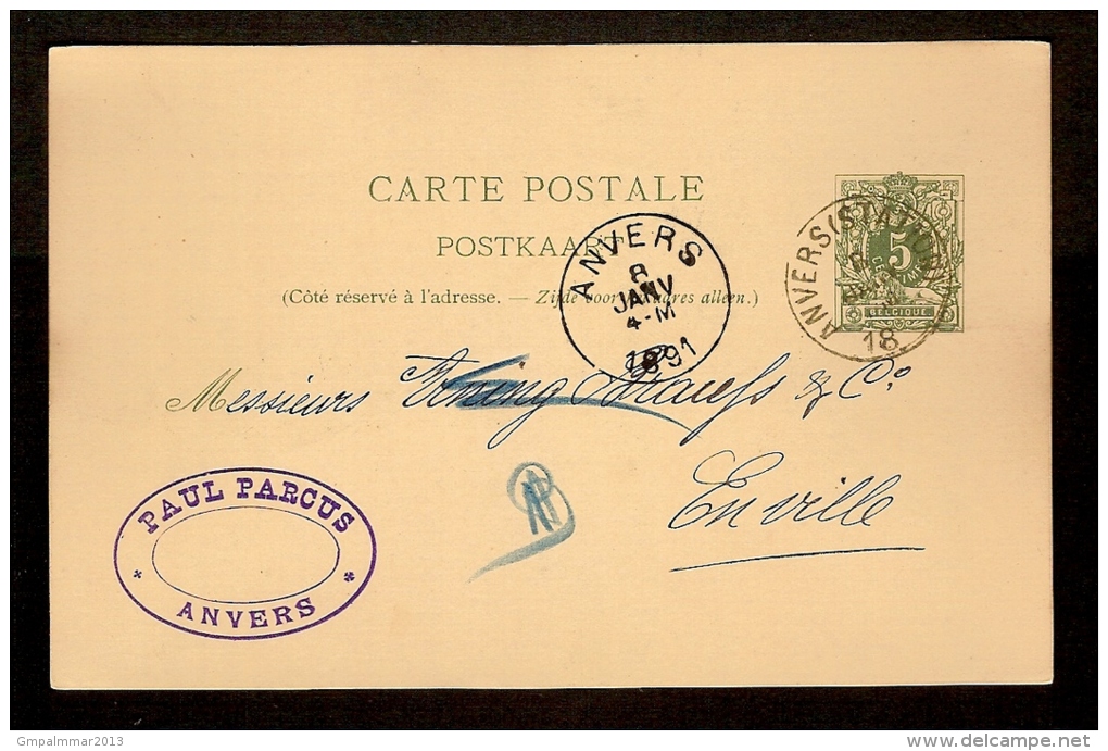 Postkaart Van Nr. 45 Verstuurd Door PAUL PARCUS In ANVERS (STATION) Op 8/1/1891 Met Aankomststempel ANVERS Dd. 8/1/1891 - 1869-1888 Lion Couché