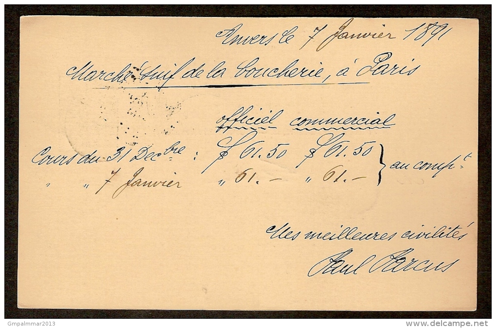 Postkaart Van Nr. 45 Verstuurd Door PAUL PARCUS In ANVERS (STATION) Op 8/1/1891 Met Aankomststempel ANVERS Dd. 8/1/1891 - 1869-1888 Lion Couché