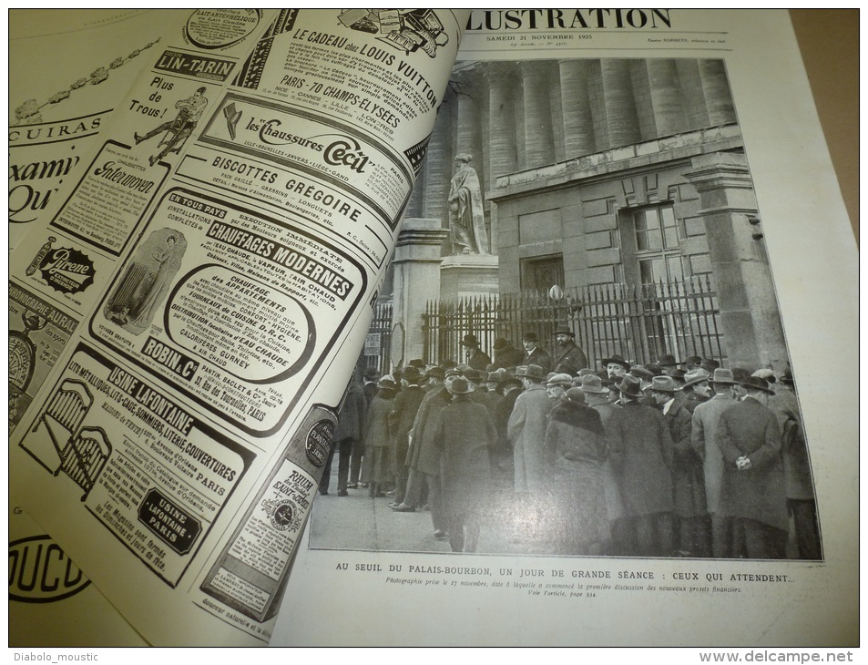 21.11.1925 :Pubs Autos;Photos Simultanées Sol-avion Pétain Remet Médailles; Institut Catholique;Monuments Aux MORTS - L'Illustration