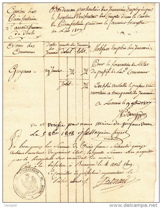 PIERREFONTAINE - DOUBS -BORDEREAU DE TRAVAIL DU CONTROLEUR DU CANTON -1807 - Seals Of Generality