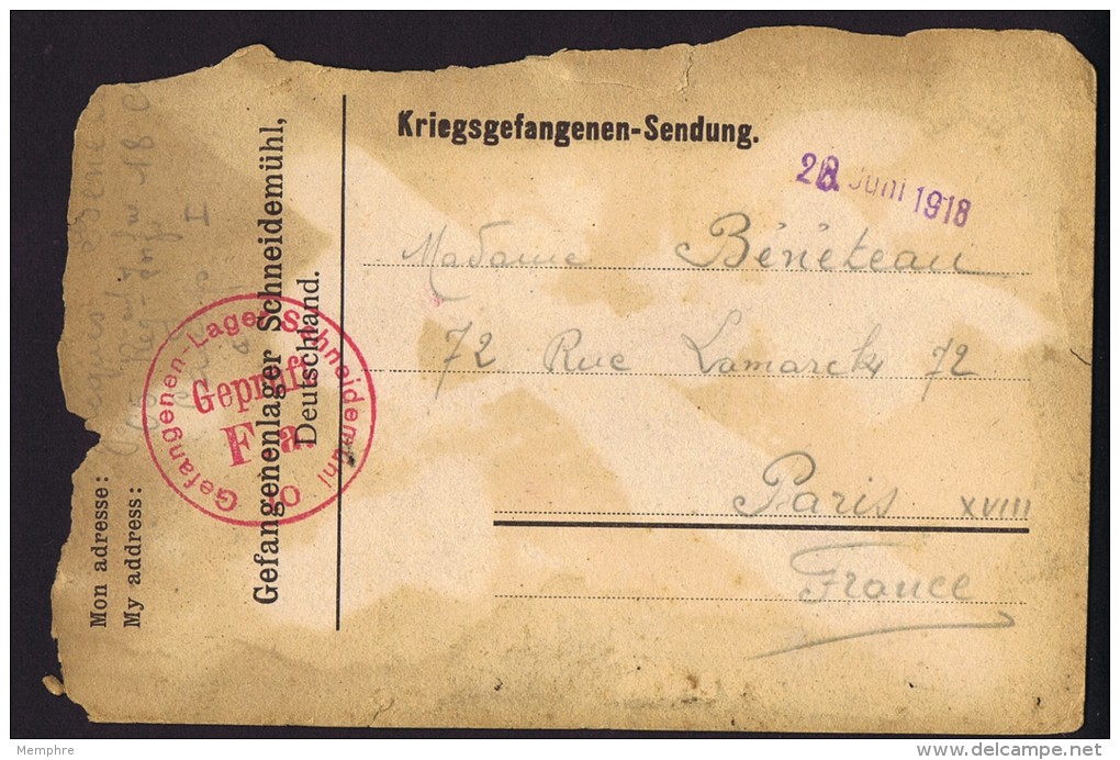 1918  Kriegsgefangenen-Sendung Vom Lager Schneidemühl Nach Paris - Briefe U. Dokumente