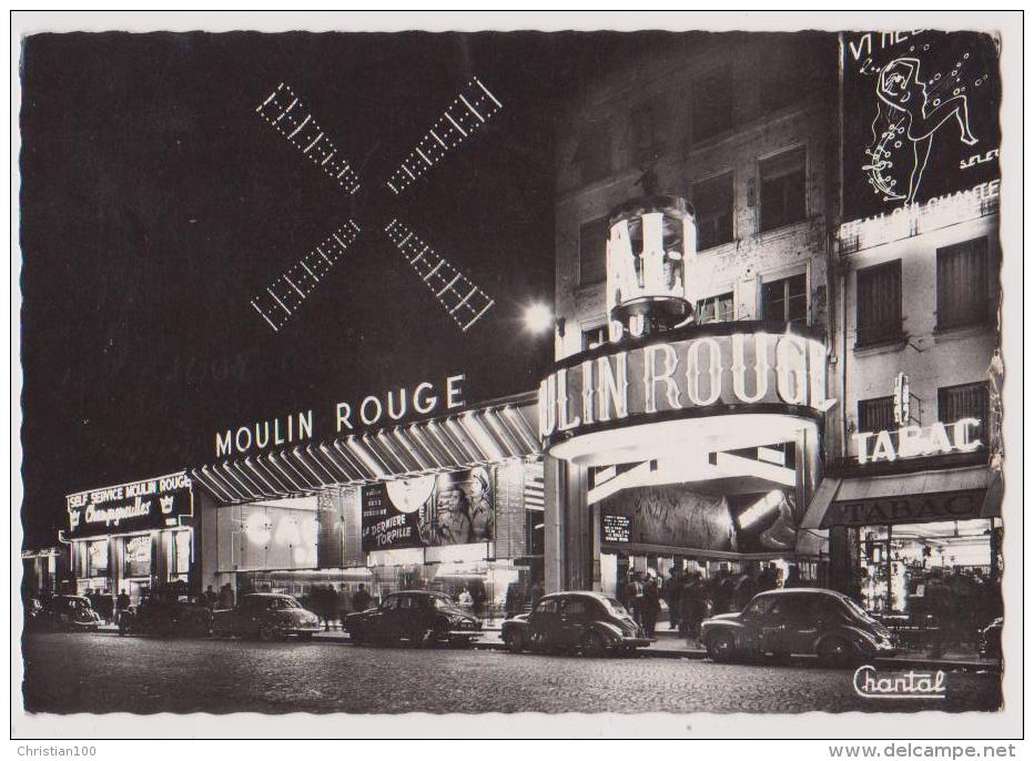 PARIS 18ème : LE MOULIN ROUGE LA NUIT - ECRITE 1970 - CPSM GRAND FORMAT -2 SCANS - - Arrondissement: 18