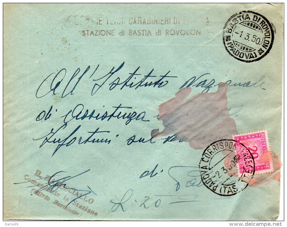 1950 LETTERA CON ANNULLO BASTIA DI ROVOLON   PADOVA - Impuestos