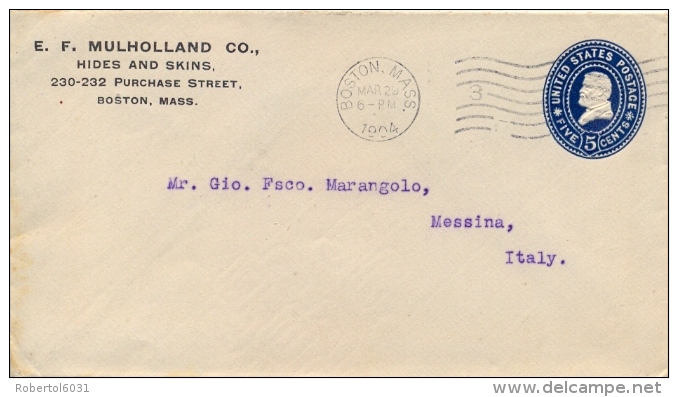 USA 1904 Postal Stationery Envelope 5 Cents From Boston To Messina (Italy) - 1901-20