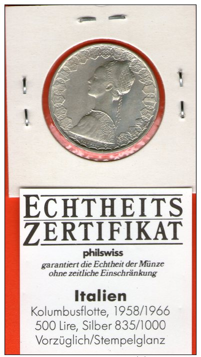 *** 500 Lira / Lire 1960 *** Certificado / COA - PLATA SILVER SILBER AG Columbus - KM 98 - Italia / Italy / Italien - 500 Lire