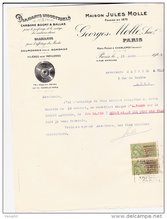 FACTURE TIMBRE PARIS- DIAMANTS INDUSTRIELS -MAISON JULES MOLLE 1923 - Other & Unclassified