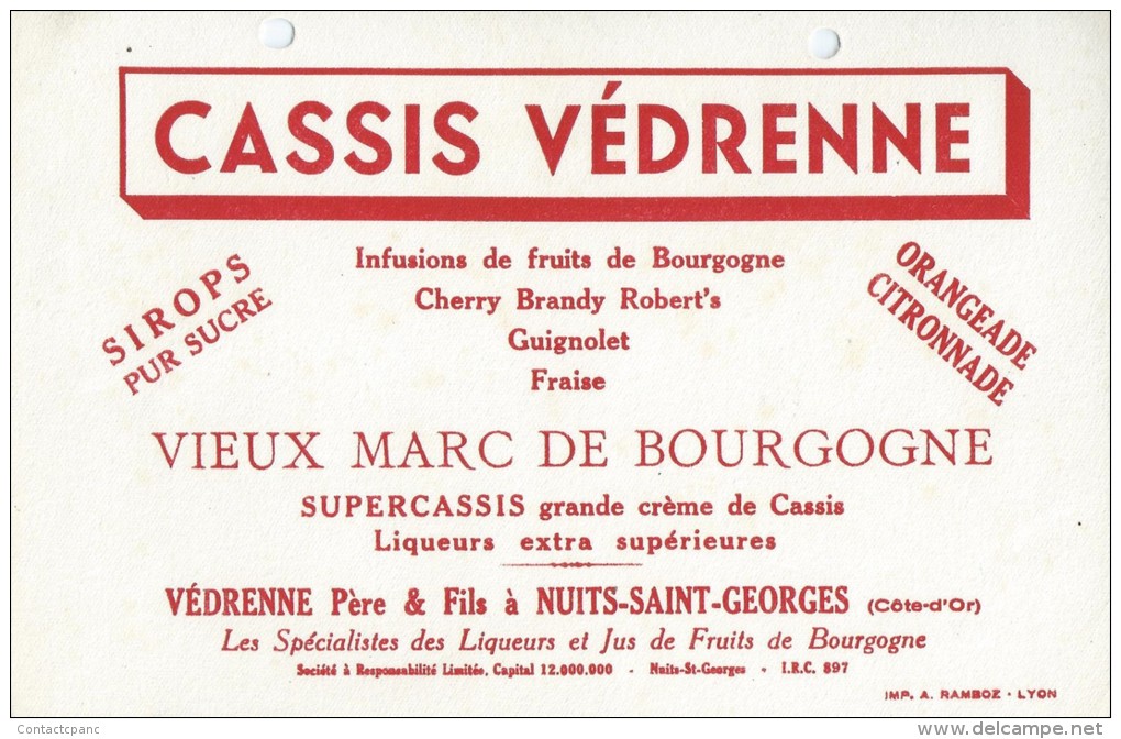 " CASSIS   VEDRENNE  "  Nuits St - Georges  ( 21 )       -  Ft  =  21 Cm  X  13.5 Cm   2 Perfos Classeur - Liquore & Birra