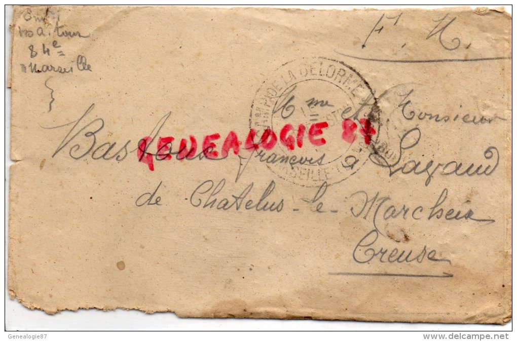 23- CHATELUS LE MARCHEIX- FRANCOIS BASTOUX A LAVAUD- CACHET CAMP DE LA DELORME-VAGUEMESTRE MARSEILLE -GUERRE 1914-1918 - Lettres & Documents