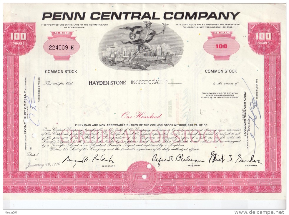 Penn Central Company 100 Shares 19-1-1970: With Thema: Train, Car, Airplane - P - R