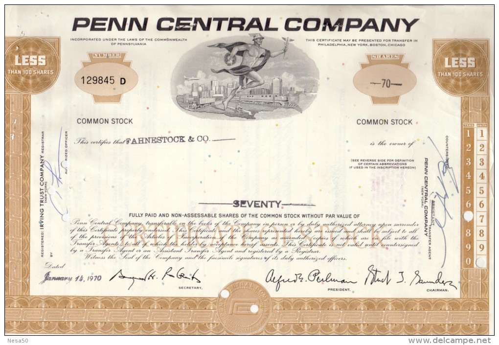 Penn Central Company  70 Shares 14-1-1970: With Thema: Train, Car. Airplane - P - R
