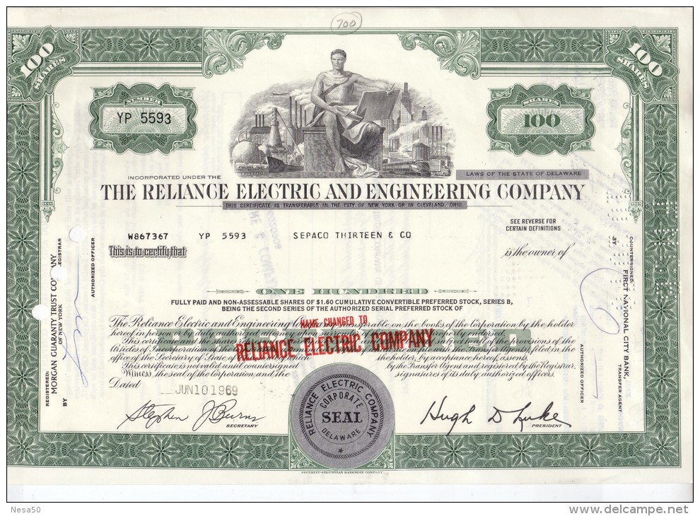 The Reliance Electric And Engineering Company 100 Shares 10-6-1969: With Thema: Train, Car. Airplane - P - R