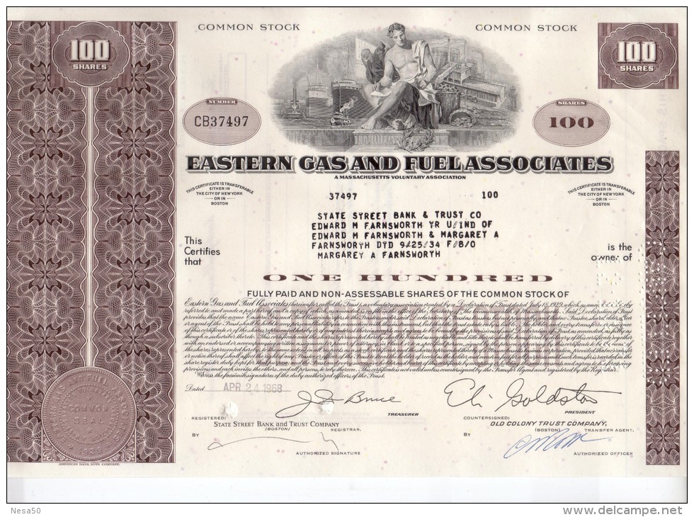 Eastern Gas And Fuel Associates  100 Shares 24-4-1968: With Thema: Train, Ship - A - C