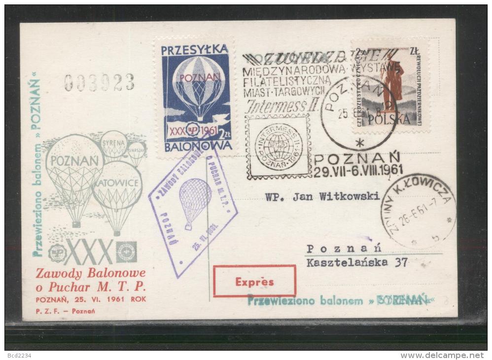 POLAND 1961 BALLOON CHAMPIONSHIPS FOR 30TH POZNAN INTERNATIONAL TRADE FAIR FLOWN COVER POZNAN BALLOON BALLOONS - Ballonnen