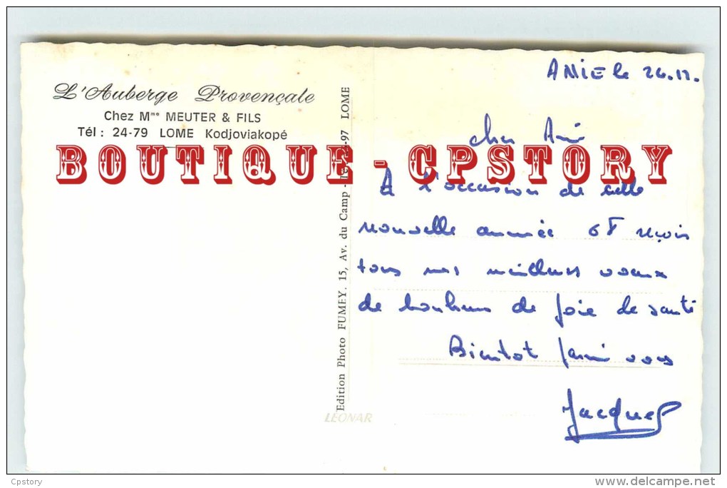 RARE < TOGO - LOME - L'Auberge Provençale Chez Mr MEUTER & FILS < Lome Kodjoviakopé - Dos Scanné - Togo