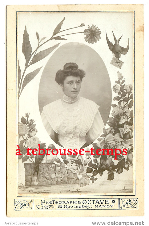 Grand CDV (CAB)-photo Ancienne Mise En Scène-buste De Femme Joli Corsage Dentelle-chignon-photo Octave NANCY - Anonyme Personen