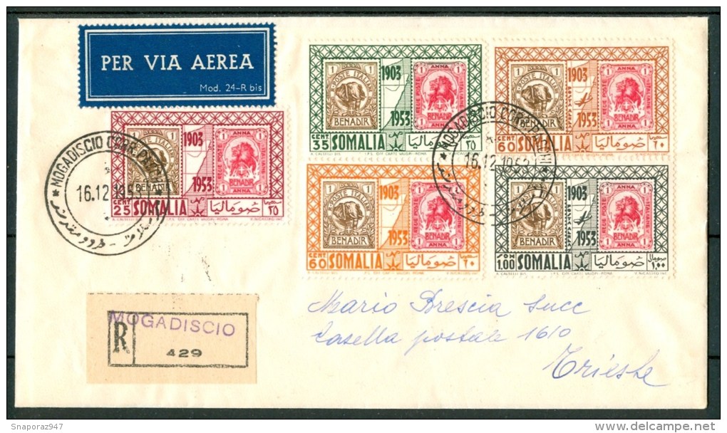 1953 28 Dic Somalia AFIS Aerogramma Racc.da Mogadiscio Per Trieste Affranc.con Serie Cpl,50°Primi Francobolli Di Somalia - Somalia (AFIS)