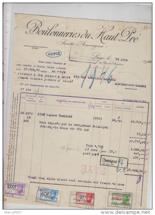 FACTURE BOULONNERIES DU HAUT PRE - LIEGE 1943 - A VOIR - 1800 – 1899