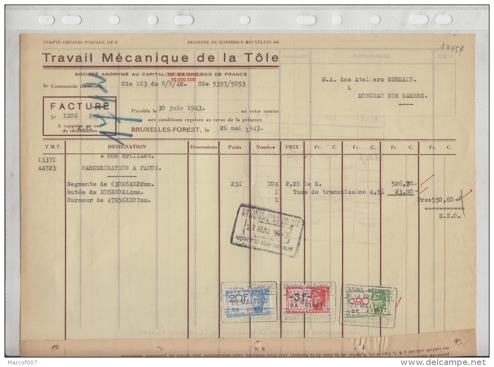 FACTURE TRAVAIL MECANIQUE DE LA TOLE BRUXELLES FOREST - 1943  + CACHET A VOIR - 1800 – 1899