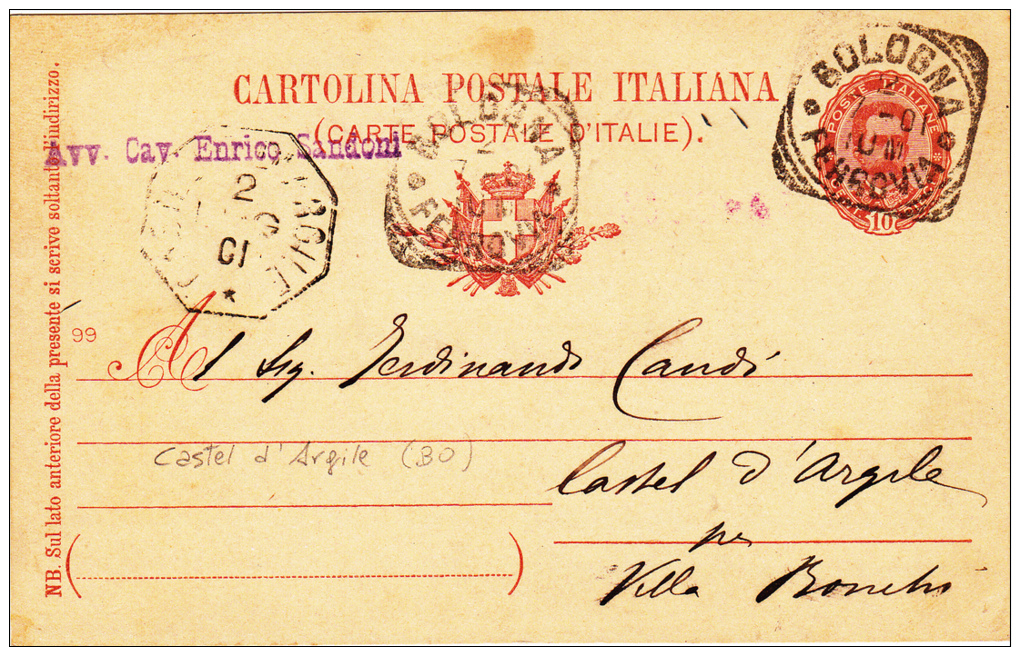 1901 - COLLETTORIA OTTAGONALE CASTEL D´ARGILE / BOLOGNA - CARTOLINA POSTALE CENT. 10 Mill. 99 - L2607 - Marcophilia