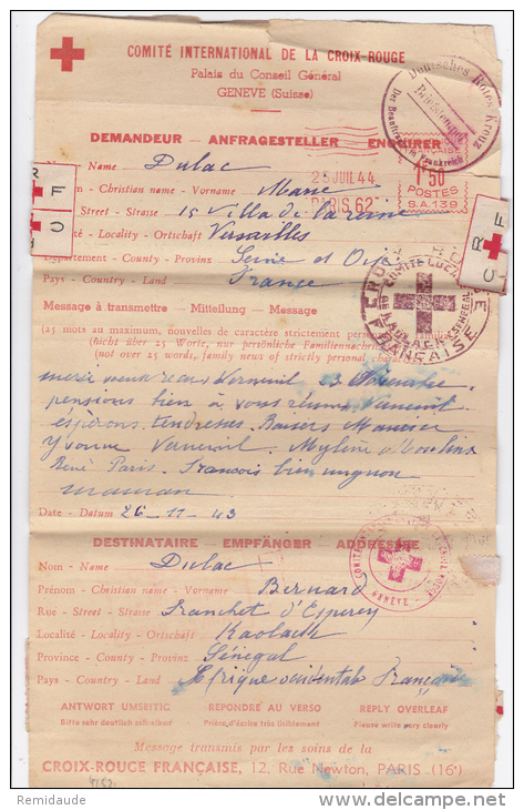 1944 - FORMULAIRE De La CROIX-ROUGE De PARIS Pour KAOLACK (SENEGAL) RARE CACHET Du COMITE LOCAL SENEGALAIS Via GENEVE - Croce Rossa