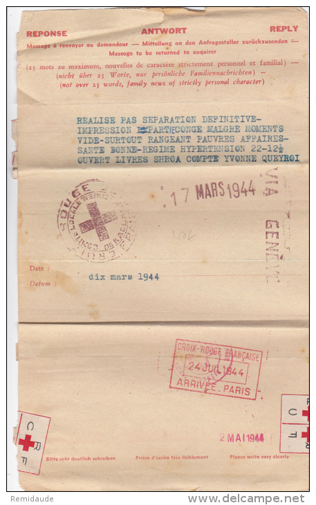 1944 - FORMULAIRE De La CROIX-ROUGE De PARIS Pour KAOLACK (SENEGAL) RARE CACHET Du COMITE LOCAL SENEGALAIS Via GENEVE - Rotes Kreuz