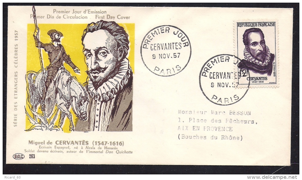 Env Fdc, 9/11/57 Paris, N°1134, Miguel De Cervantès, écrivain Espagnol, Don Quichotte De La Mancha - 1950-1959