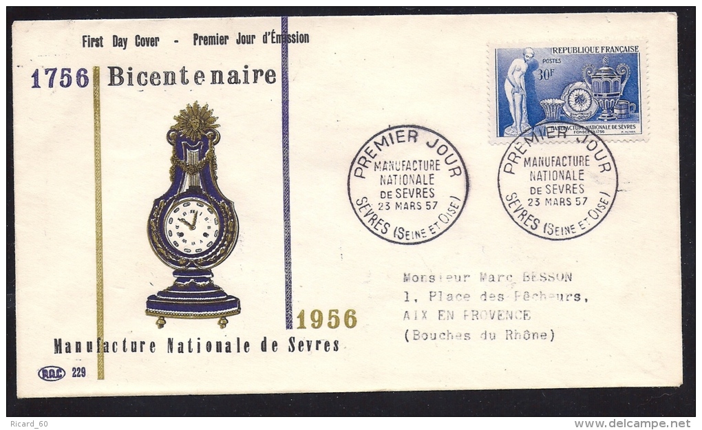 Env Fdc, 23/3/57 Sèvres, N°1094, Bicentenaire De La Manufacture Nationale De Sèvres, Horloge, Biscuit - 1950-1959