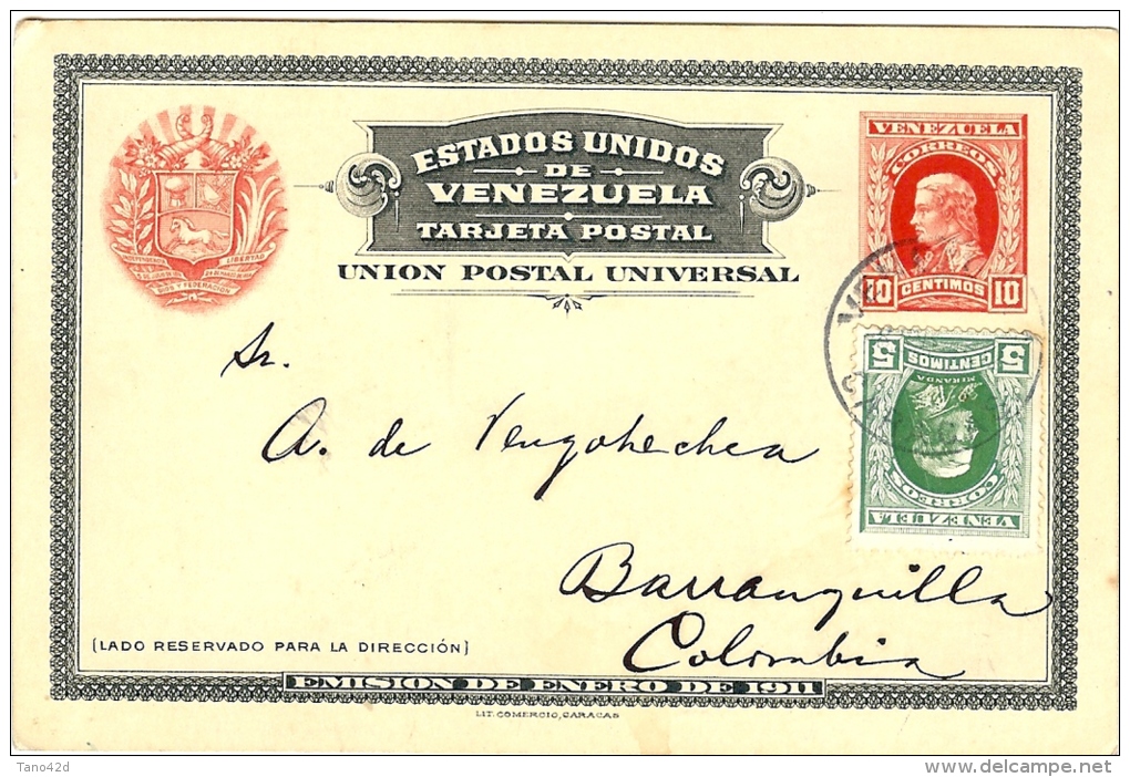 LBL20/5- VENEZUELA EP CP 10c + COMPL.T 5c  CARACAS / BARRANQUILLA JANVIER 1912 - Venezuela