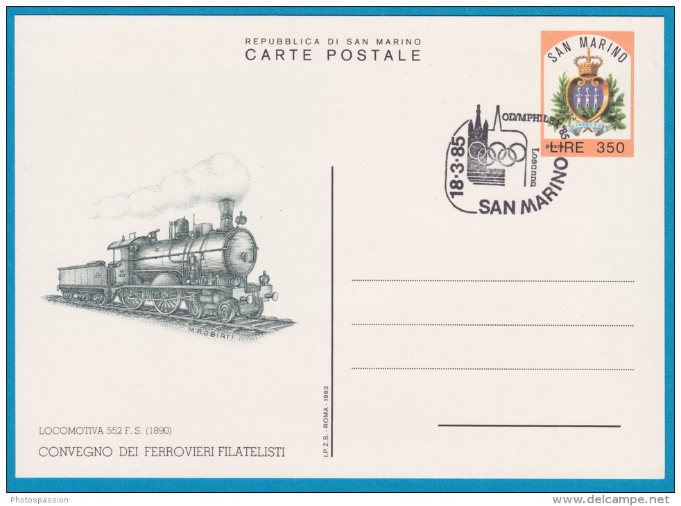 San Marino - 18.03.1985 - Olymphilex '85 - Convegno Dei Ferrovieri Filatelisti - Locomotiva 552 FS Ferrovie Dello Stato - Entiers Postaux