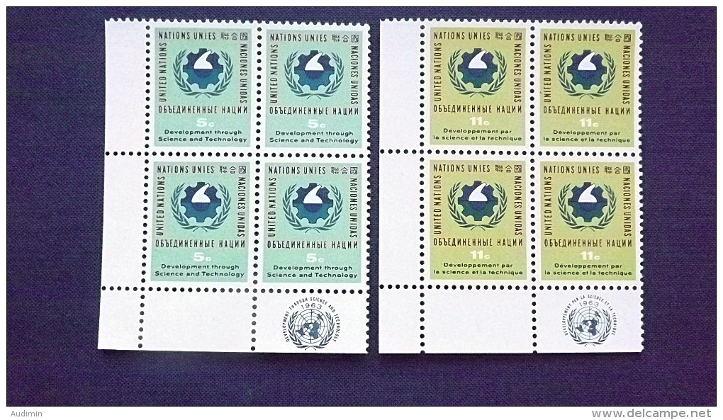 UNO-New York 124/5 Yt 110/1 Sc 114/5 Eckrandviererblock EVB ´C´ **/MNH, Wissenschaft - Neufs