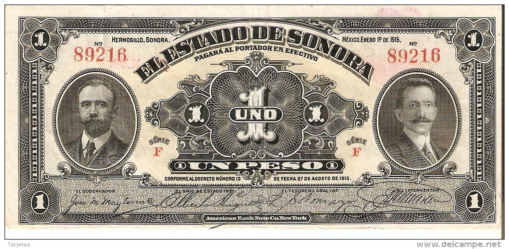 BILLETE DE MEXICO DE 1 PESO DEL AÑO 1913  (BANKNOTE) - México