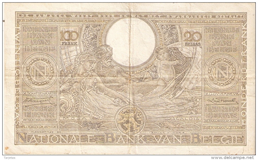 BILLETE DE BELGICA DE 100 FRANCOS DEL AÑO 1935  (BANKNOTE) - 100 Francs & 100 Francs-20 Belgas