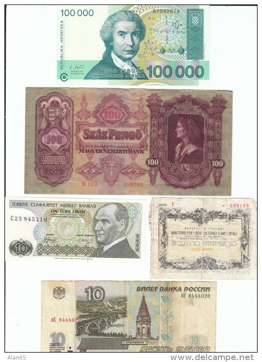 Lot Of 5 European Banknotes &amp; Coupon, Croatia #27, Hungary #98, Italy Ticket? Coupon?, Russia #268b, Turkey #192 - Lots & Kiloware - Banknotes