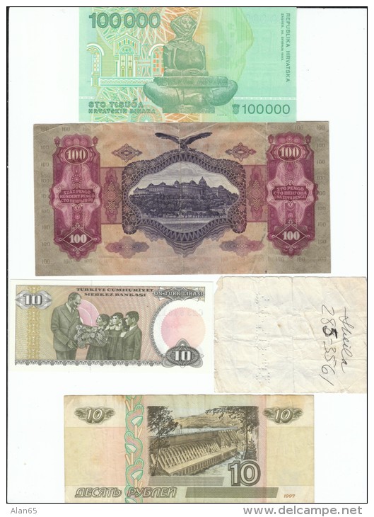 Lot Of 5 European Banknotes &amp; Coupon, Croatia #27, Hungary #98, Italy Ticket? Coupon?, Russia #268b, Turkey #192 - Alla Rinfusa - Banconote