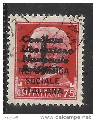 CLN COMITATO LIBERAZIONE NAZIONALE BOLOGNA 1945  RSI OVERPRINTED SOPRASTAMPATO 75 CENT. USED - National Liberation Committee (CLN)