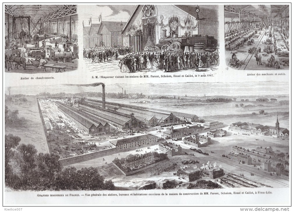 Gravure  1867  LILLE FIVES  USINE   PARENT SCHAKEN  HOUEL CAILLET - Non Classés