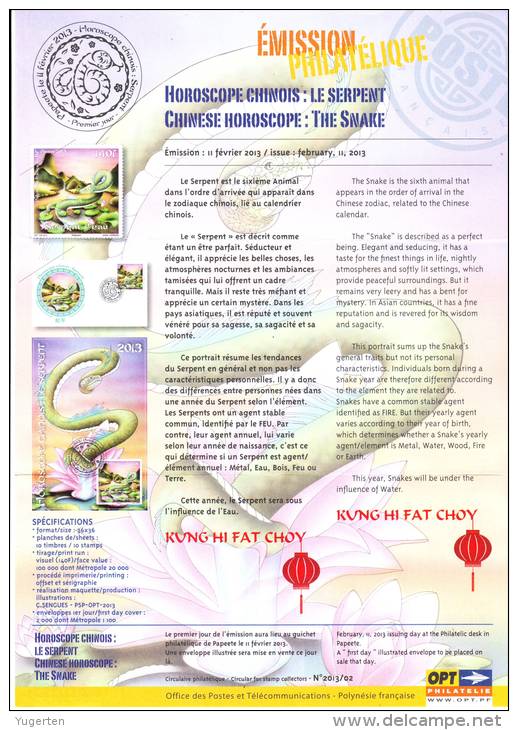 French Polynesia Polynésie 2013 - Notice Folder - Chinese Horoscope - Serpent - Snake - Horoscope China Astrology - Astrology