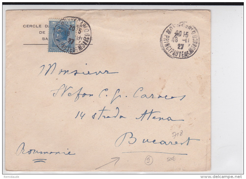 MONACO - 1927 - ENVELOPPE De MONTE CARLO Pour BUCAREST (ROUMANIE) - DESTINATION INTERESSANTE - Postmarks