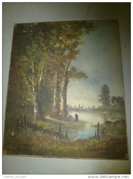 TABLEAU Ancien, Huile-sur-toile Peinture XIXe Signé Edouard DUPARC (école BARBIZON) :pêche Bord De Forêt,village Au Fond - Huiles