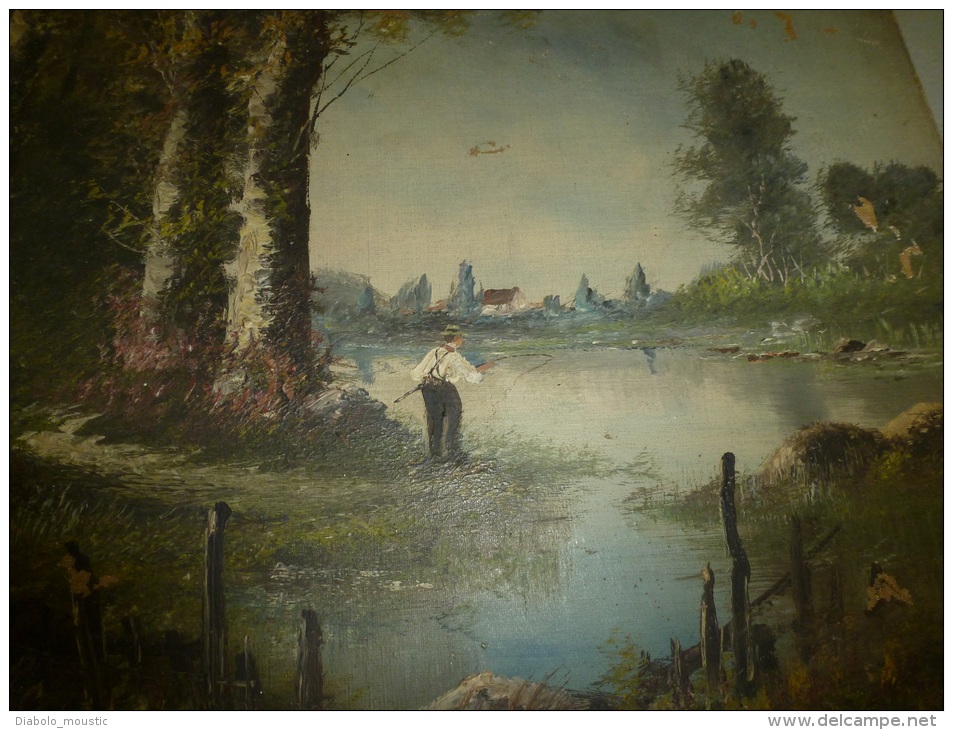 TABLEAU ancien, huile-sur-toile Peinture XIXe signé Edouard DUPARC (école BARBIZON) :pêche bord de forêt,village au fond