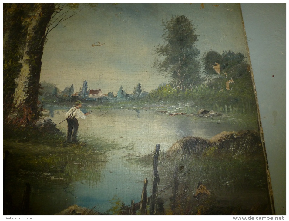 TABLEAU ancien, huile-sur-toile Peinture XIXe signé Edouard DUPARC (école BARBIZON) :pêche bord de forêt,village au fond