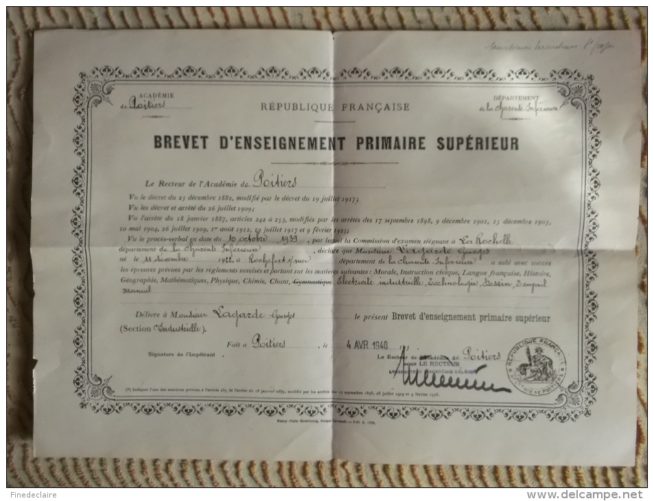 Brevet D'Enseignement Primaire Supérieur - Académie De Poitiers - Département De La Charente Inférieure - 1940 - Diplomi E Pagelle