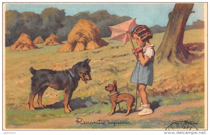 REDON  ILLUSTRATEUR  ENFANTS  CHIENS  "RENCONTRE IMPREVUE" CACHET BOLWILLER - Redon