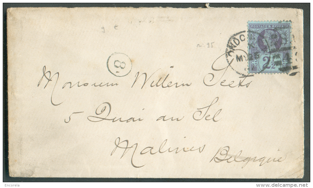 Grande-Bretagne 2½p. Bleu Et Violet Obl. Duplex "1" LONDON S.W. Sur Enveloppe  Du 23 Mai 1887 Vers Malines - Backside : - Cartas & Documentos