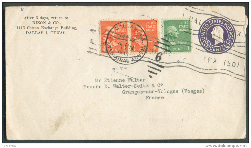 Entier Postal Enveloppe 3 Cent + ½ Cent (x2) + 1 Cent Obl. DALLAS TEX. 12 Septembre 1945 Vers La France  - 9430 - 1941-60