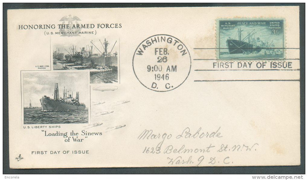 3 Cent US Marine Peace & War Obl. Mécanique WASHINGTOn On FDC (Honoring The Armed Forces) 26 Février 1946 - 9431 - 1941-1950