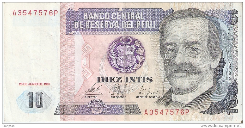 BILLETE DE PERU DE 10 INTIS DEL AÑO 1987 (BANKNOTE) - Pérou